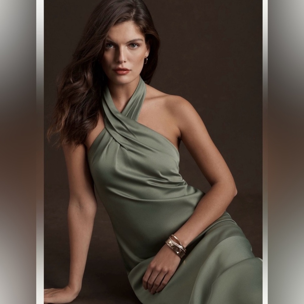BHLDN Ruby Twist Satin Halter Gown in Moss